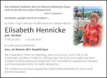 Traueranzeige von Elisabeth Hennicke von Trauerkombi Bitterfeld