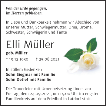 Traueranzeige von Elli Müller von Trauerkombi Bernburg