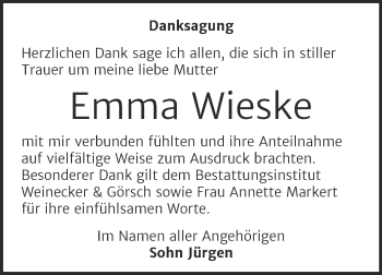 Traueranzeige von Emma Wieske von Trauerkombi Bernburg