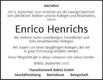 Traueranzeige von Enrico Henrichs von Mitteldeutsche Zeitung Salzlandkreis