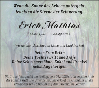 Traueranzeige von Erich Mathias von Trauerkombi Dessau