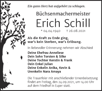 Traueranzeige von Erich Schill von Trauerkombi Wittenberg