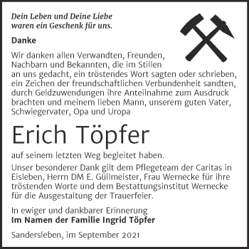 Traueranzeige von Erich Töpfer von Trauerkombi Mansfelder Land