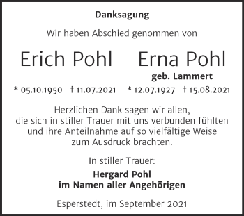 Traueranzeige von Erich und Erna Pohl von Trauerkombi Merseburg