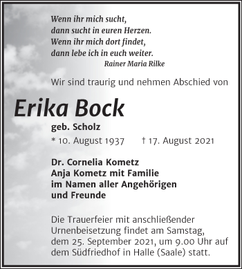 Traueranzeige von Erika Bock von Mitteldeutsche Zeitung Halle/Saalkreis