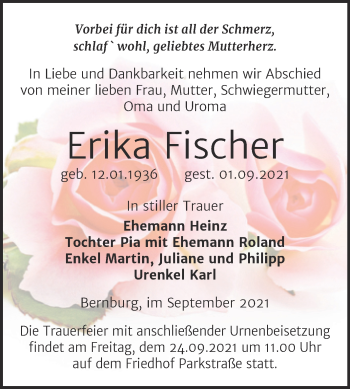 Traueranzeige von Erika Fischer von Trauerkombi Bernburg
