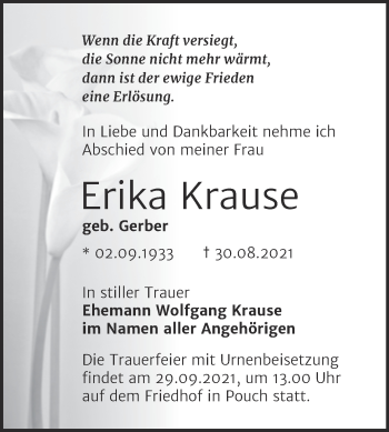 Traueranzeige von Erika Krause von Trauerkombi Bitterfeld