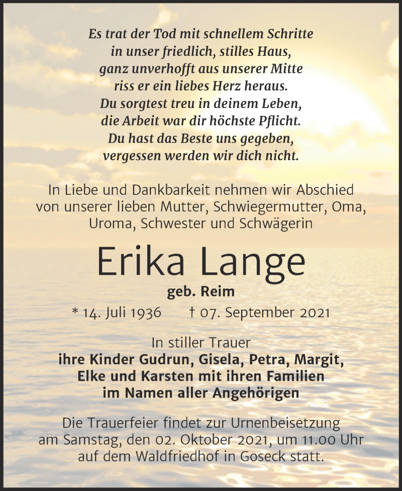 Traueranzeige für Erika Lange vom 15.09.2021 aus Trauerkombi Weißenfels