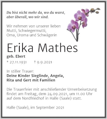 Traueranzeige von Erika Mathes von Mitteldeutsche Zeitung Halle/Saalkreis