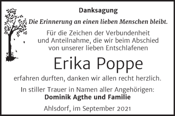 Traueranzeige von Erika Poppe von Trauerkombi Mansfelder Land
