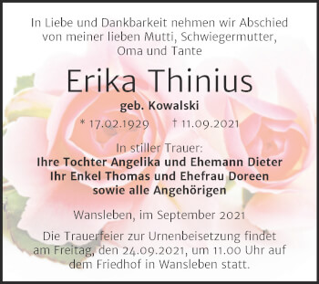 Traueranzeige von Erika Thinius von Trauerkombi Mansfelder Land