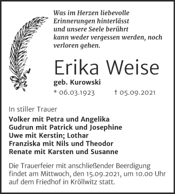 Traueranzeige von Erika Weise von Mitteldeutsche Zeitung Halle/Saalkreis