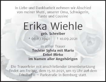 Traueranzeige von Erika Wiehle von Trauerkombi Bernburg