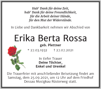 Traueranzeige von Erika Berta Rossa von Mitteldeutsche Zeitung Dessau-Roßlau