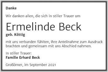 Traueranzeige von Ermelinde Beck von Trauerkombi Mansfelder Land