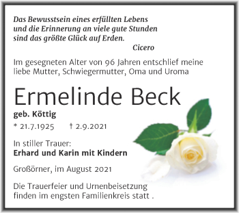 Traueranzeige von Ermelinde Beck von Mitteldeutsche Zeitung Mansfelder Land