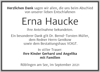 Traueranzeige von Erna Haucke von Trauerkombi Mansfelder Land