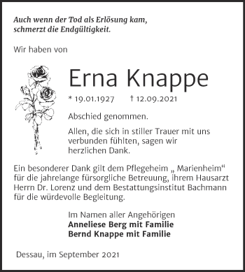 Traueranzeige von Erna Knappe von Trauerkombi Dessau