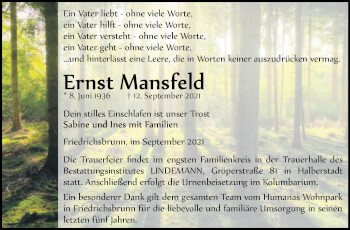 Traueranzeige von Ernst Mansfeld von Trauerkombi Quedlinburg