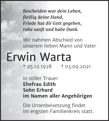 Traueranzeige von Erwin Warta von Trauerkombi Bitterfeld