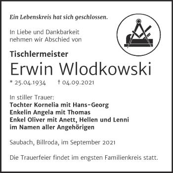 Traueranzeige von Erwin Wlodkowski von Wochenspiegel Naumburg/Nebra