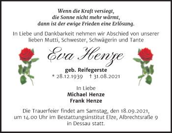 Traueranzeige von Eva Henze von Trauerkombi Dessau