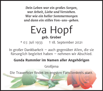 Traueranzeige von Eva Hopf von Wochenspiegel Naumburg/Nebra
