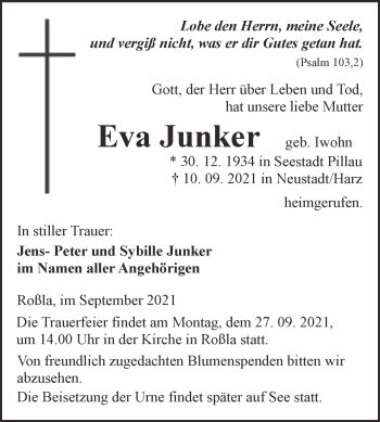 Traueranzeige von Eva Junker von Trauerkombi Sangerhausen