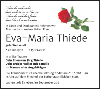 Traueranzeige von Eva-Maria Thiede von Trauerkombi Mansfelder Land