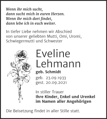 Traueranzeige von Eveline Lehmann von Trauerkombi Wittenberg