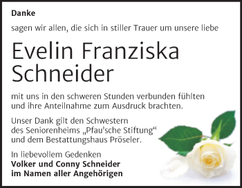 Traueranzeige von Evelin Franziska Schneider von Trauerkombi Bernburg