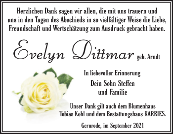 Traueranzeige von Evelyn Dittmar von Trauerkombi Quedlinburg
