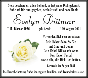 Traueranzeige von Evelyn Dittmar von Trauerkombi Quedlinburg