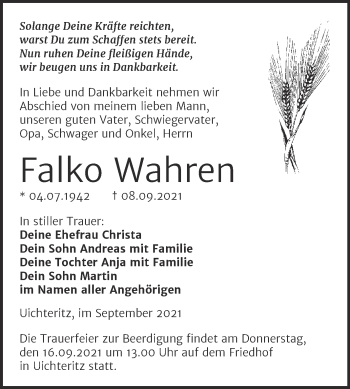 Traueranzeige von Falko Wahren von Trauerkombi Weißenfels