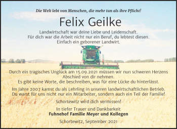 Traueranzeige von Felix Geilke von Mitteldeutsche Zeitung Köthen