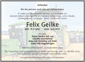 Traueranzeige von Felix Geilke von Mitteldeutsche Zeitung Halle/Saalkreis