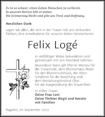 Traueranzeige von Felix Logé von Trauerkombi Merseburg