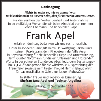 Traueranzeige von Frank Apel von Trauerkombi Mansfelder Land