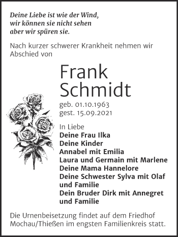 Traueranzeige von Frank Schmidt von Trauerkombi Wittenberg