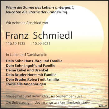 Traueranzeige von Franz Schmiedl von Trauerkombi Zeitz
