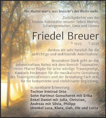 Traueranzeige von Friedel Breuer von Trauerkombi Merseburg
