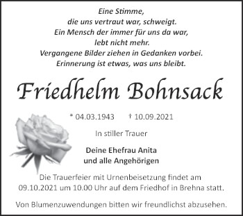 Traueranzeige von Friedhelm Bohnsack von Trauerkombi Bitterfeld