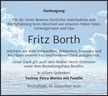 Traueranzeige von Fritz Borth von Trauerkombi Mansfelder Land