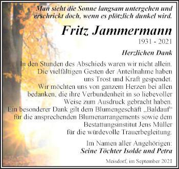 Traueranzeige von Fritz Jammermann von Trauerkombi Quedlinburg