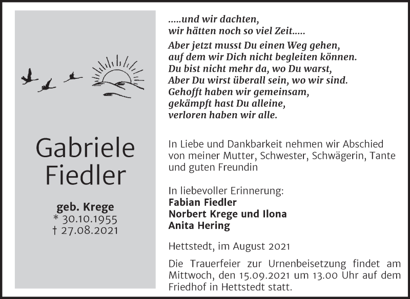  Traueranzeige für Gabriele Fiedler vom 03.09.2021 aus Trauerkombi Mansfelder Land