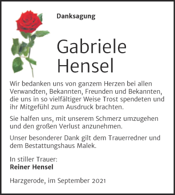 Traueranzeige von Gabriele Hensel von Trauerkombi Quedlinburg