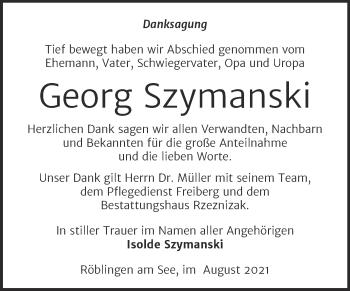 Traueranzeige von Georg Szymanski von Trauerkombi Mansfelder Land