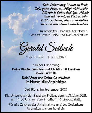 Traueranzeige von Gerald Seibeck von Wochenspiegel Naumburg/Nebra
