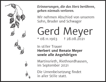 Traueranzeige von Gerd Meyer von Trauerkombi Sangerhausen