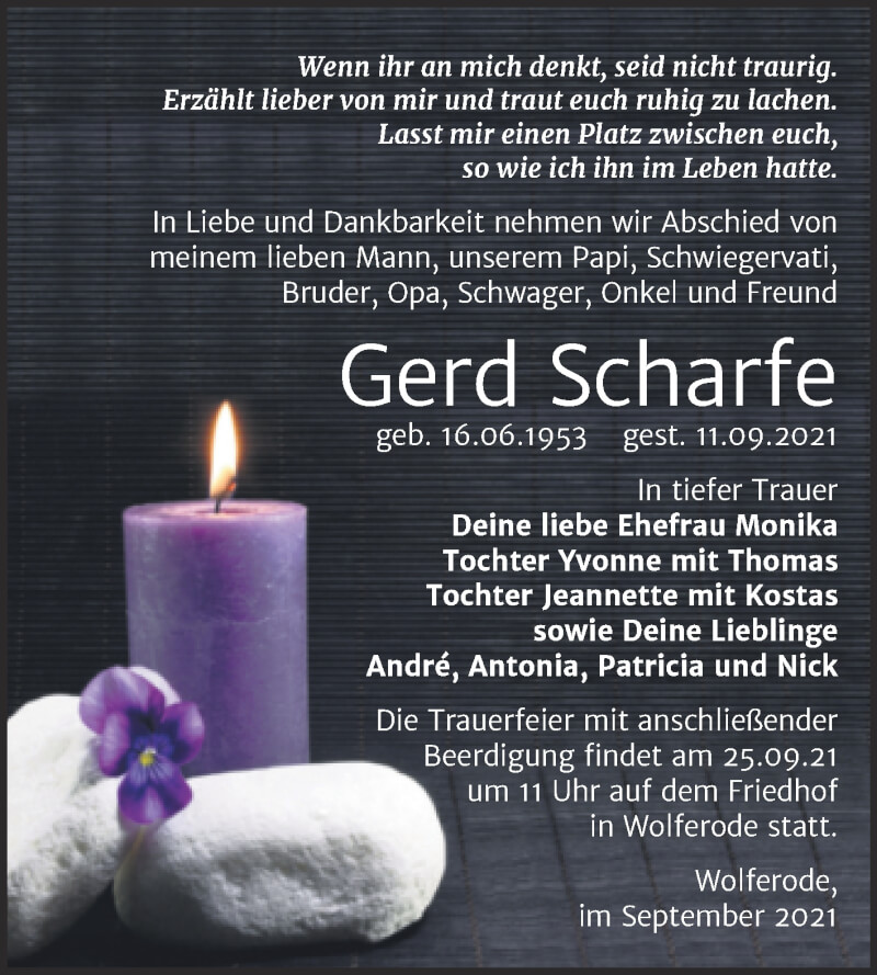  Traueranzeige für Gerd Scharfe vom 18.09.2021 aus Trauerkombi Mansfelder Land